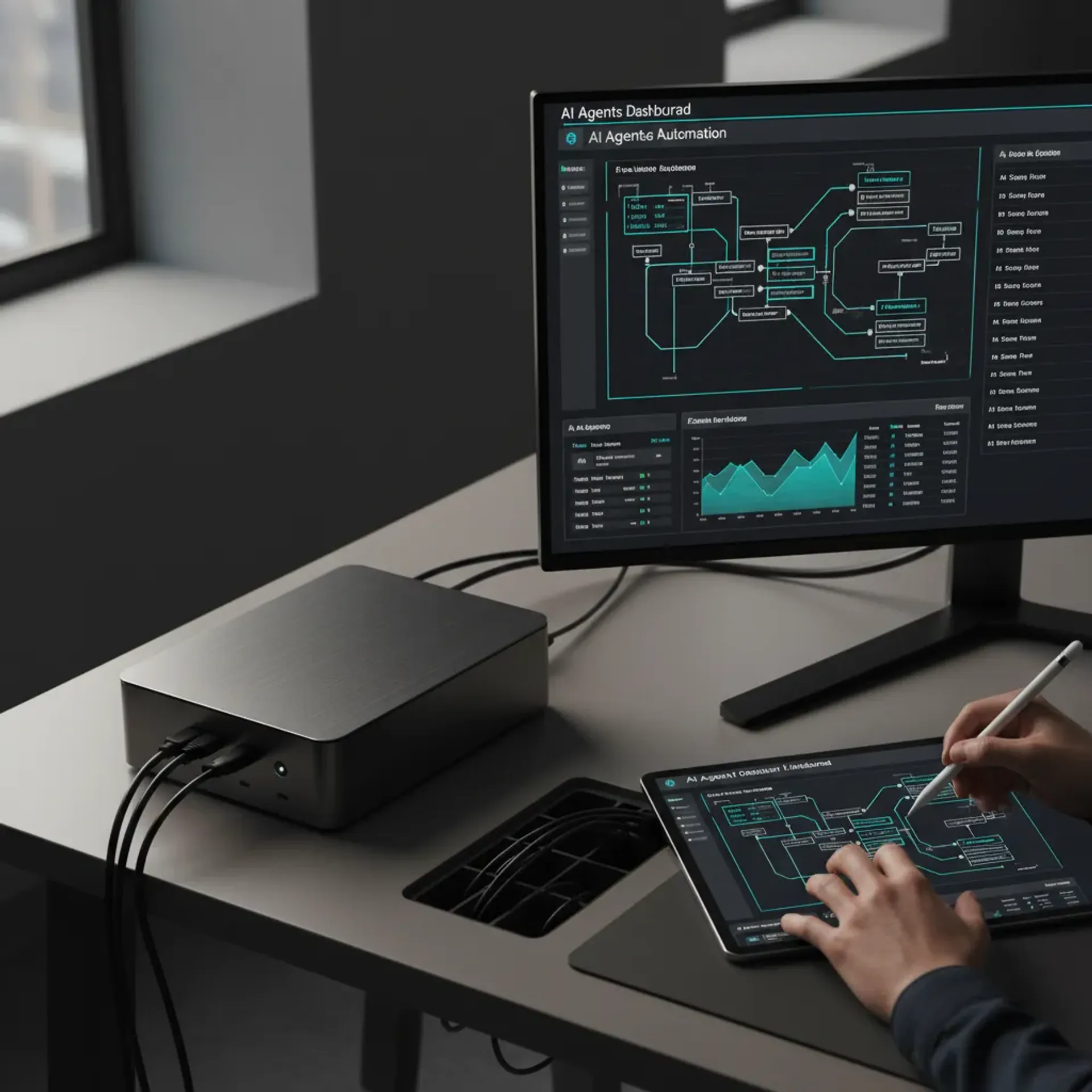 A professional engineer working on a high-tech dashboard displaying autonomous AI agent workflows.