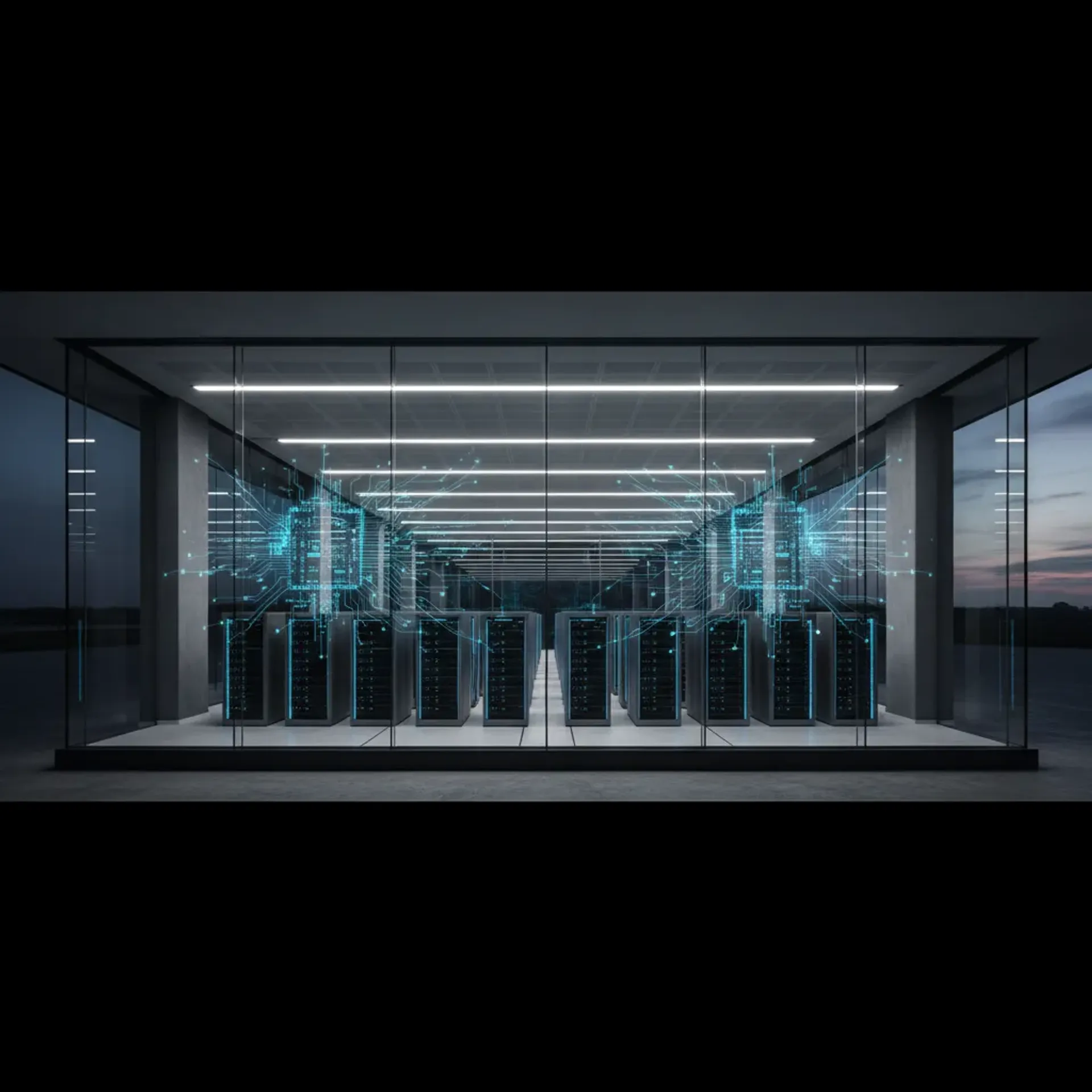 A wide-angle view of a modern, clean, and secure enterprise data center facility with glowing AI server clusters.