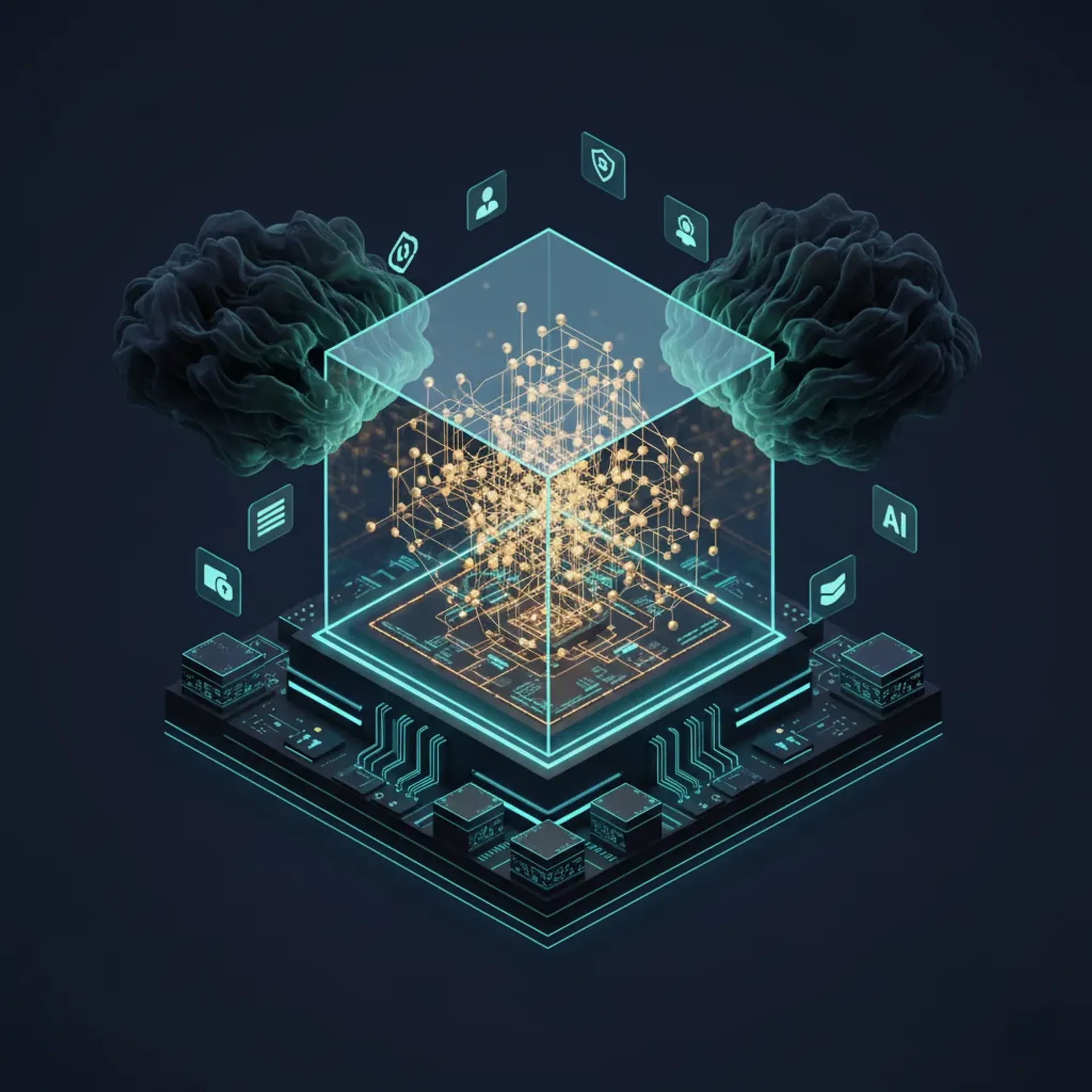 A 3D isometric visualization of a secure, private digital vault protecting a network of AI data nodes.